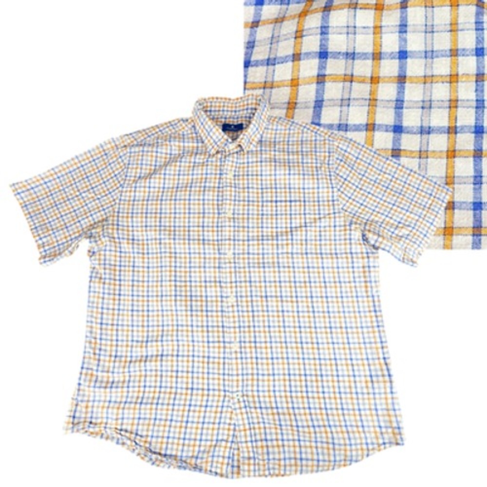 Toscano Linen Button Up Shirt‎ XL Men Short Sleeve Plaid Blue Orange Assaraf